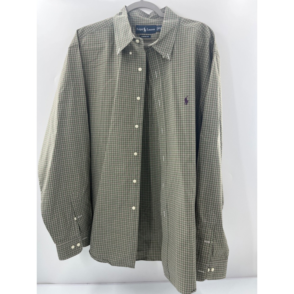 Ralph Lauren Classic Fit Green Micro Check Button Down Shirt Mens 17.5 XL